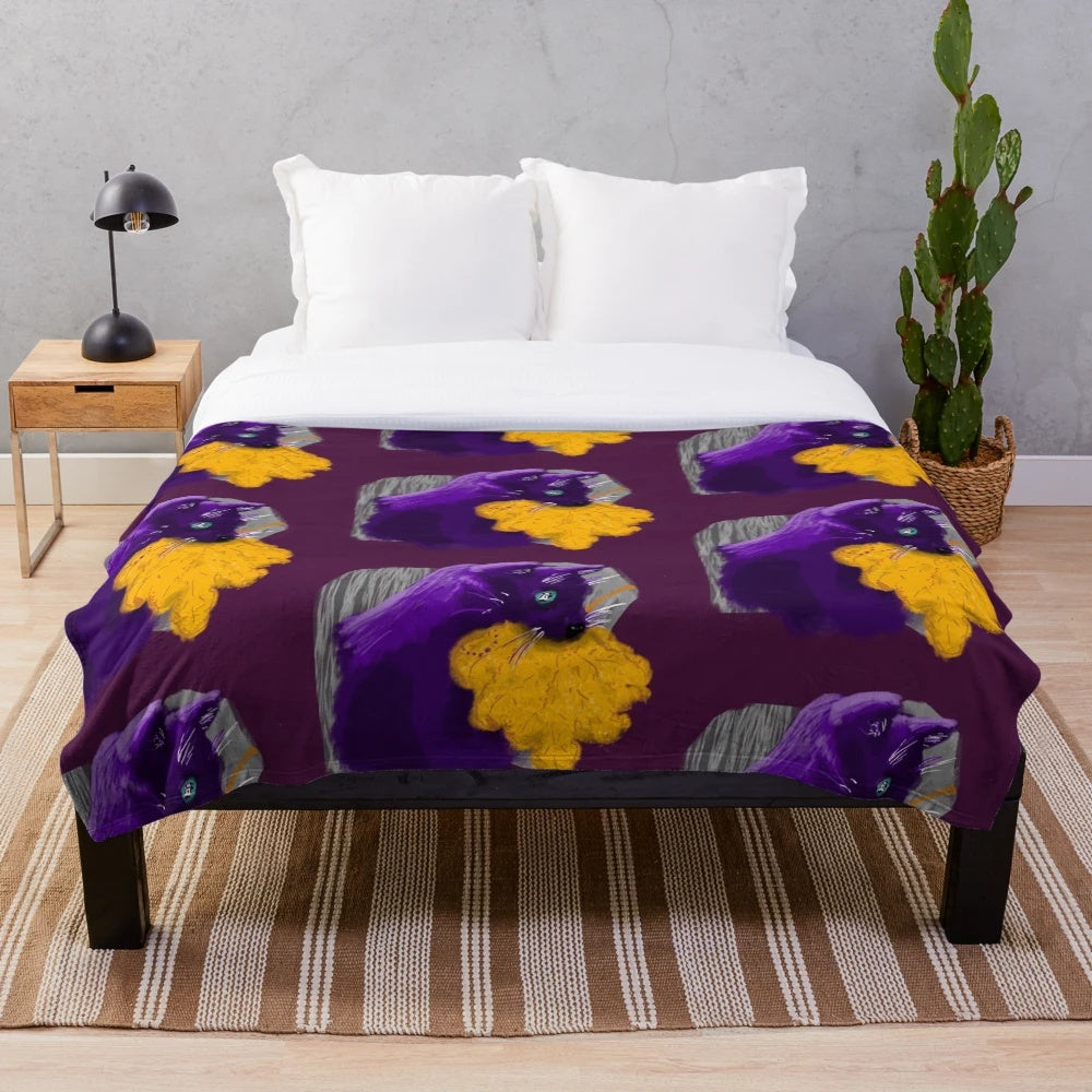 Spooky plush blanket featuring a ghost cat design with autumn leaves