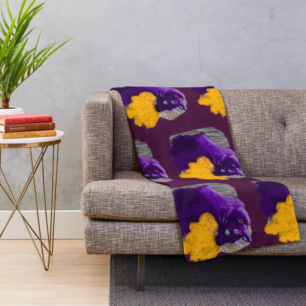 Spooky plush blanket featuring a ghost cat design with autumn leaves