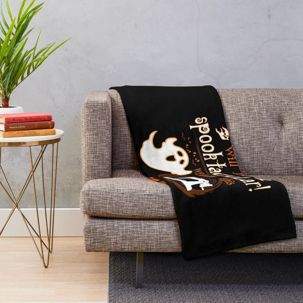Handmade plush blanket featuring spooky sewing-themed Halloween design