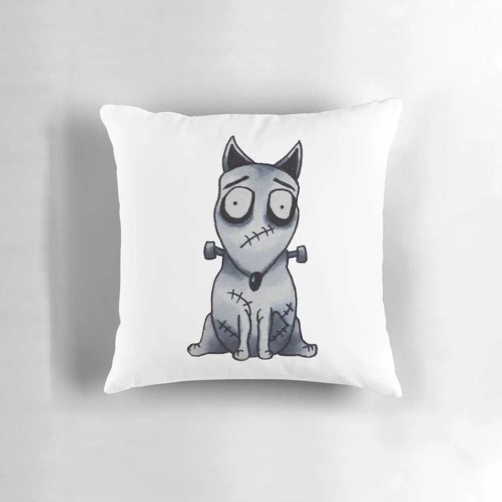 A dark, gothic-style dog pillow featuring a Tim Burton-esque design, perfect for pet owners who love morbid and quirky home decor.
