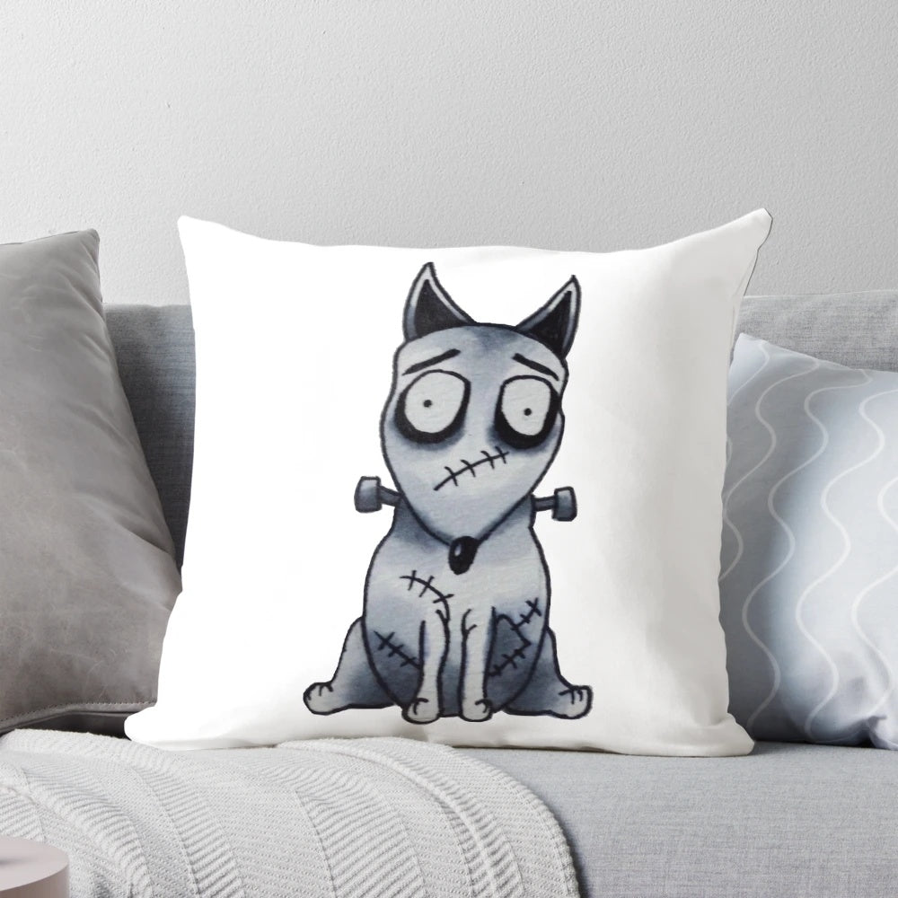 A dark, gothic-style dog pillow featuring a Tim Burton-esque design, perfect for pet owners who love morbid and quirky home decor.