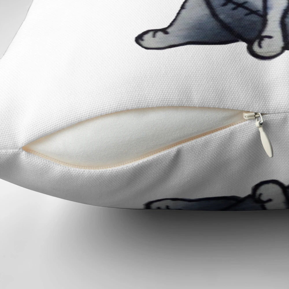 A dark, gothic-style dog pillow featuring a Tim Burton-esque design, perfect for pet owners who love morbid and quirky home decor.