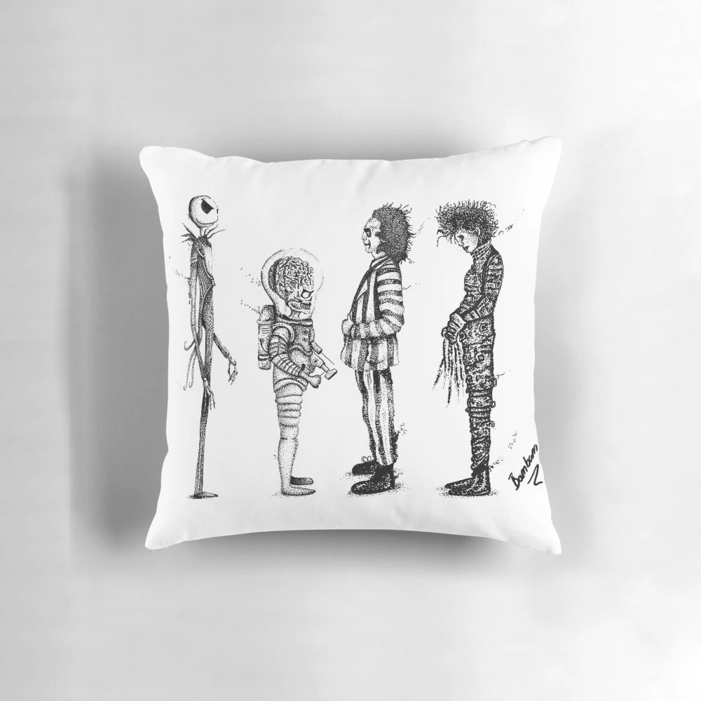 A decorative pillow featuring a Burton-esque design, perfect for horror and cult classic fans.