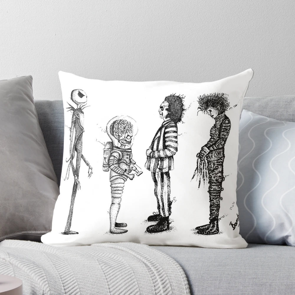 A decorative pillow featuring a Burton-esque design, perfect for horror and cult classic fans.