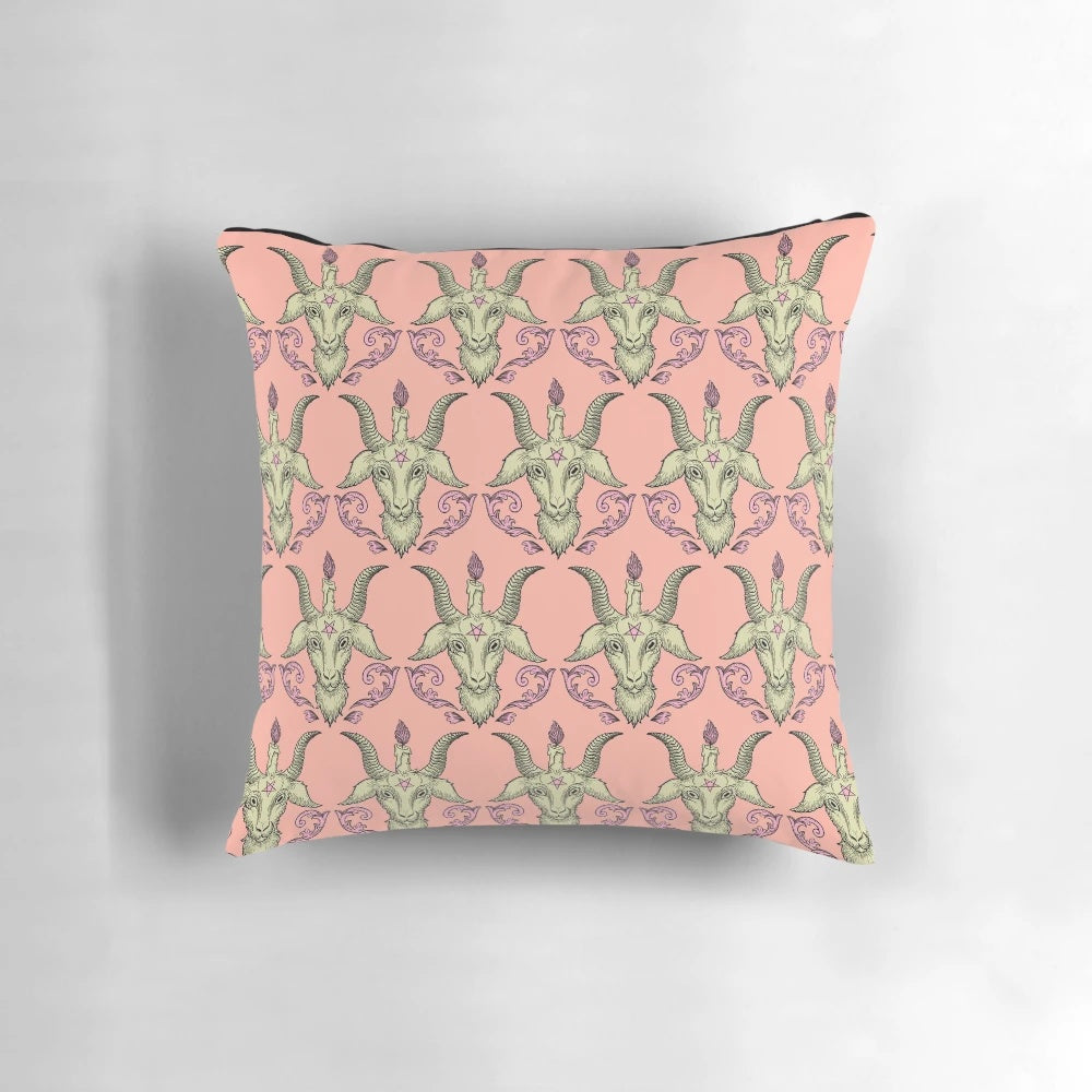 Creepy yet stylish pink baphomet damask throw pillow for modern occult-inspired home decor