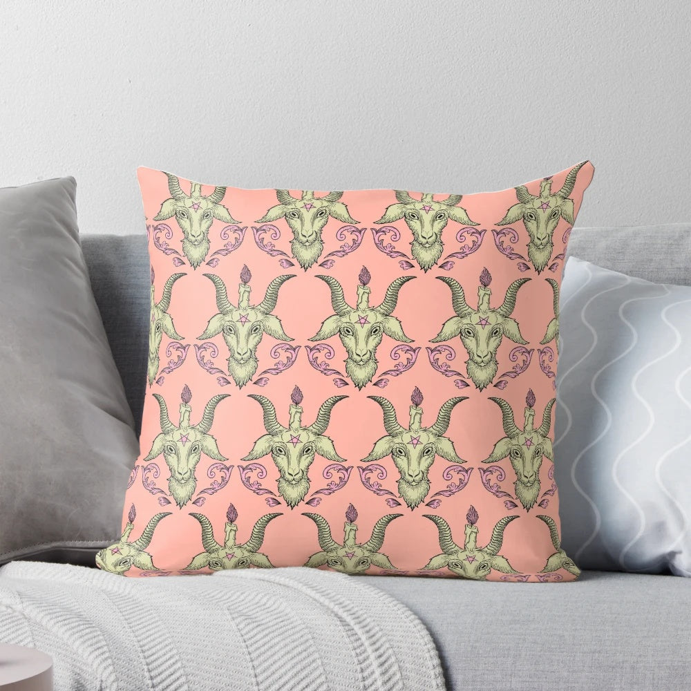 Creepy yet stylish pink baphomet damask throw pillow for modern occult-inspired home decor