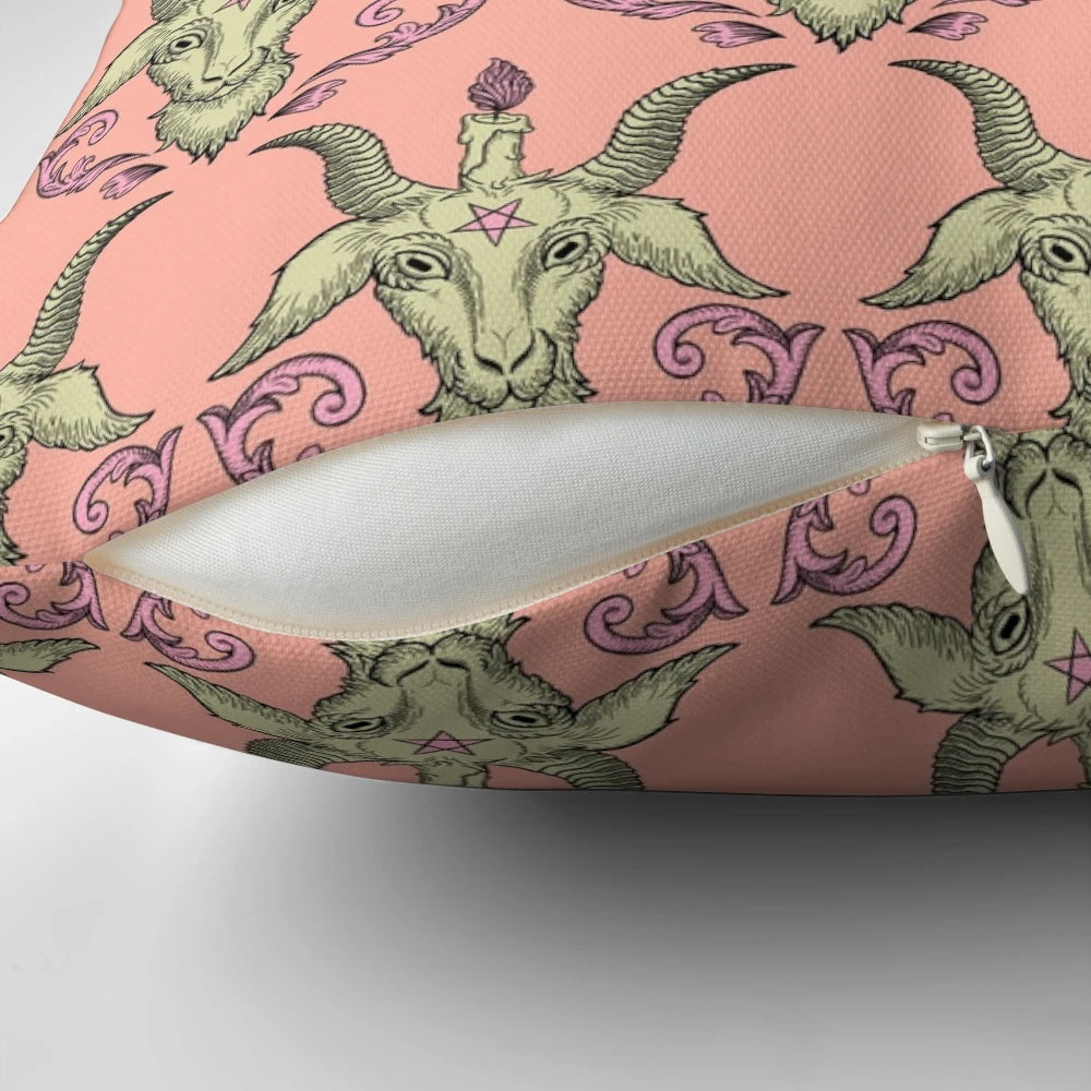 Creepy yet stylish pink baphomet damask throw pillow for modern occult-inspired home decor