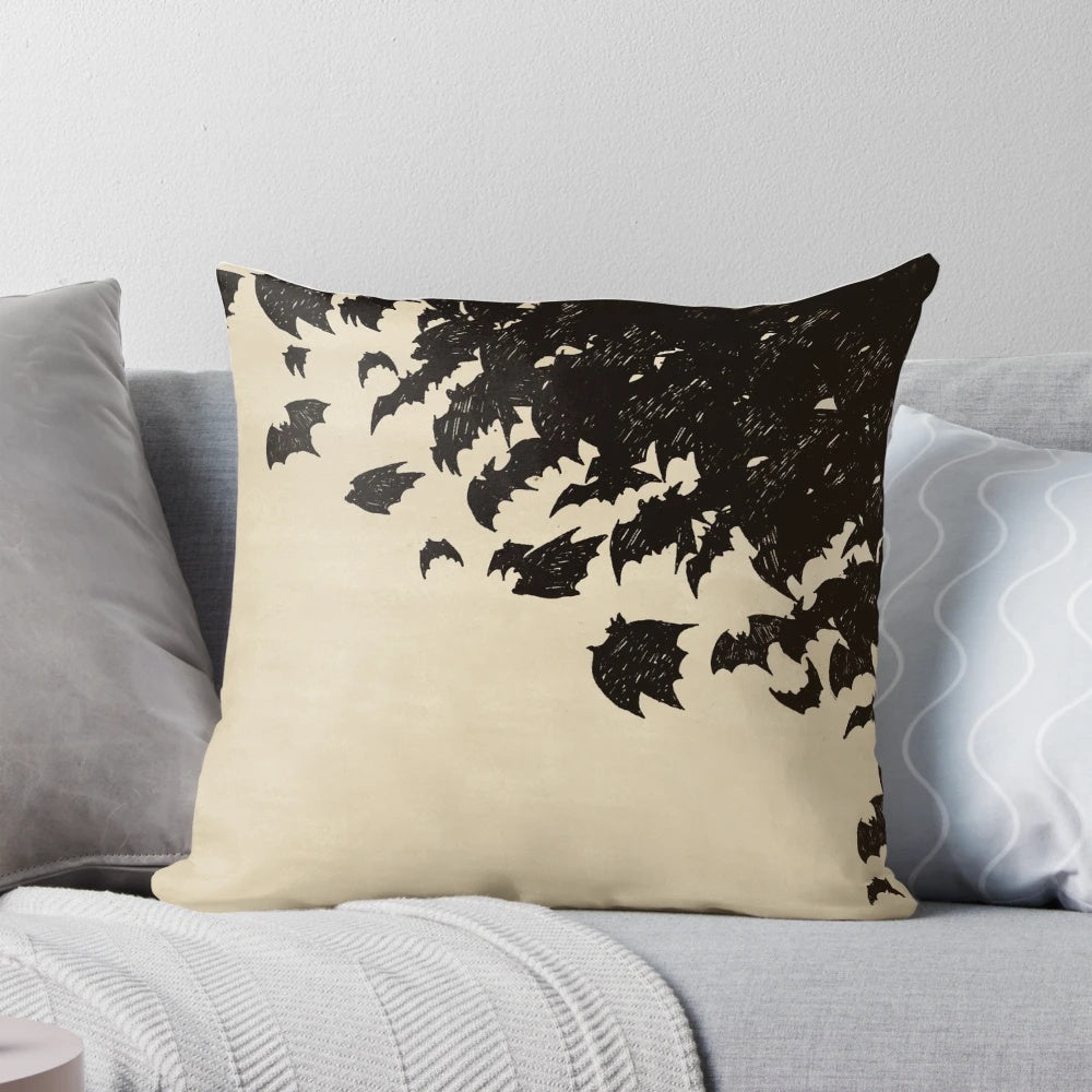 A Pillow featuring a sepia-toned image of a swarm of bats flying in the night sky.