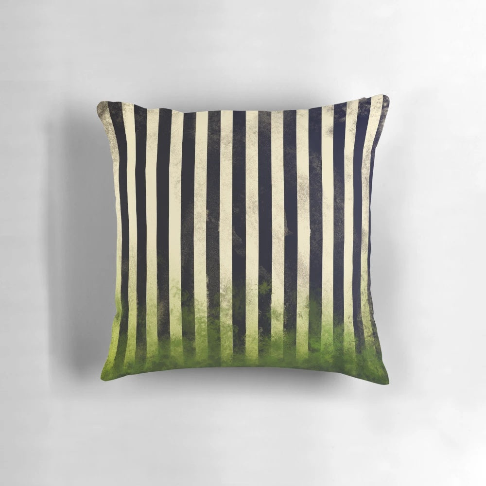 Striking black and white striped pillow with a Beetlejuice-inspired design, perfect for adding a touch of gothic flair to your home.