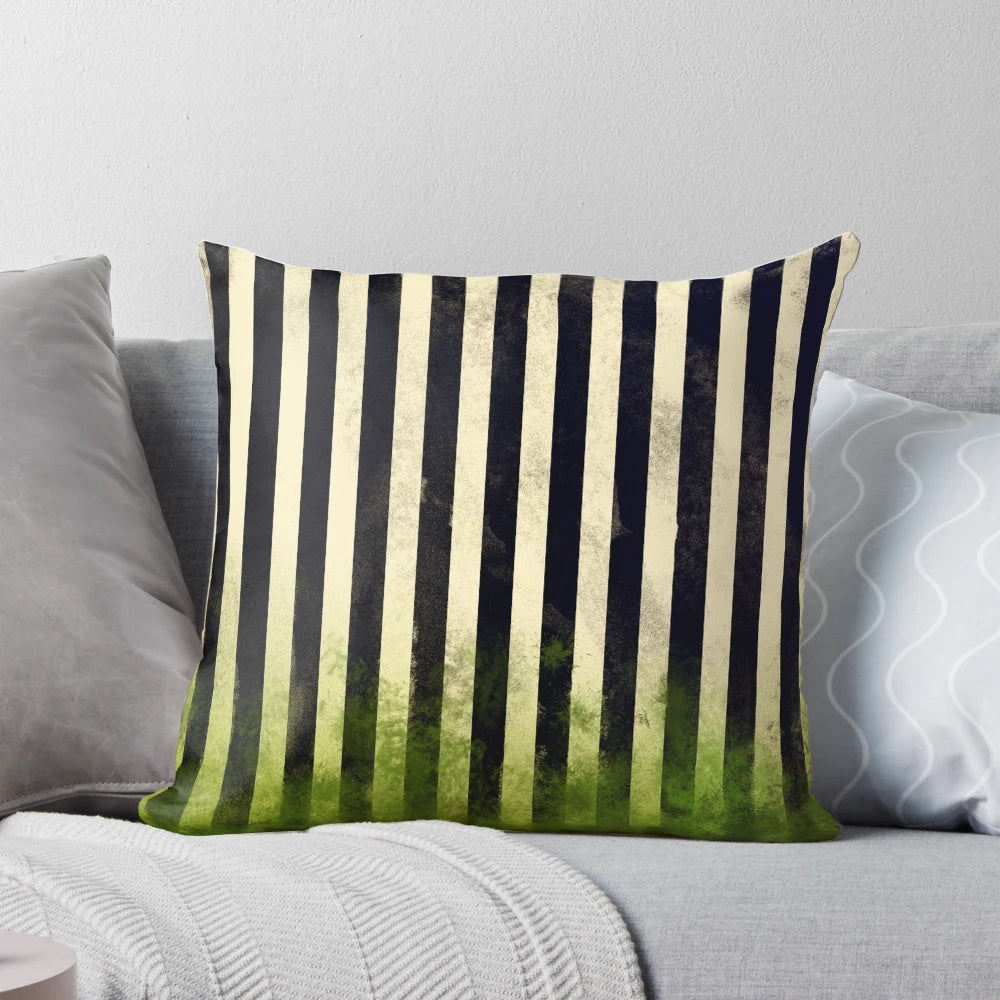 Striking black and white striped pillow with a Beetlejuice-inspired design, perfect for adding a touch of gothic flair to your home.