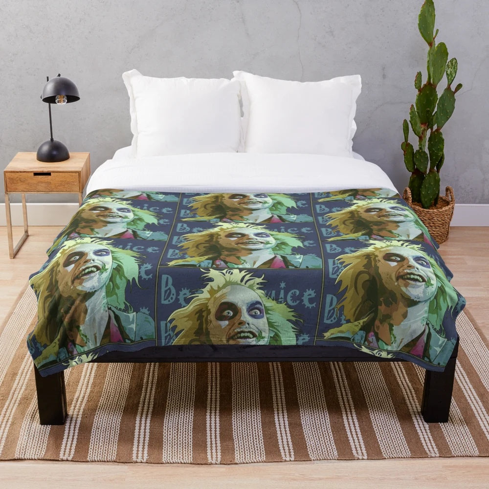 Beetlejuice-themed plush blanket for cozy and spooky movie nights