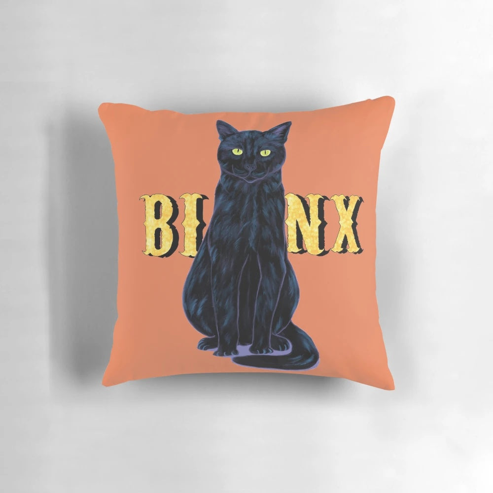 Black cat Binx Halloween pillow with a spooky, creepy design