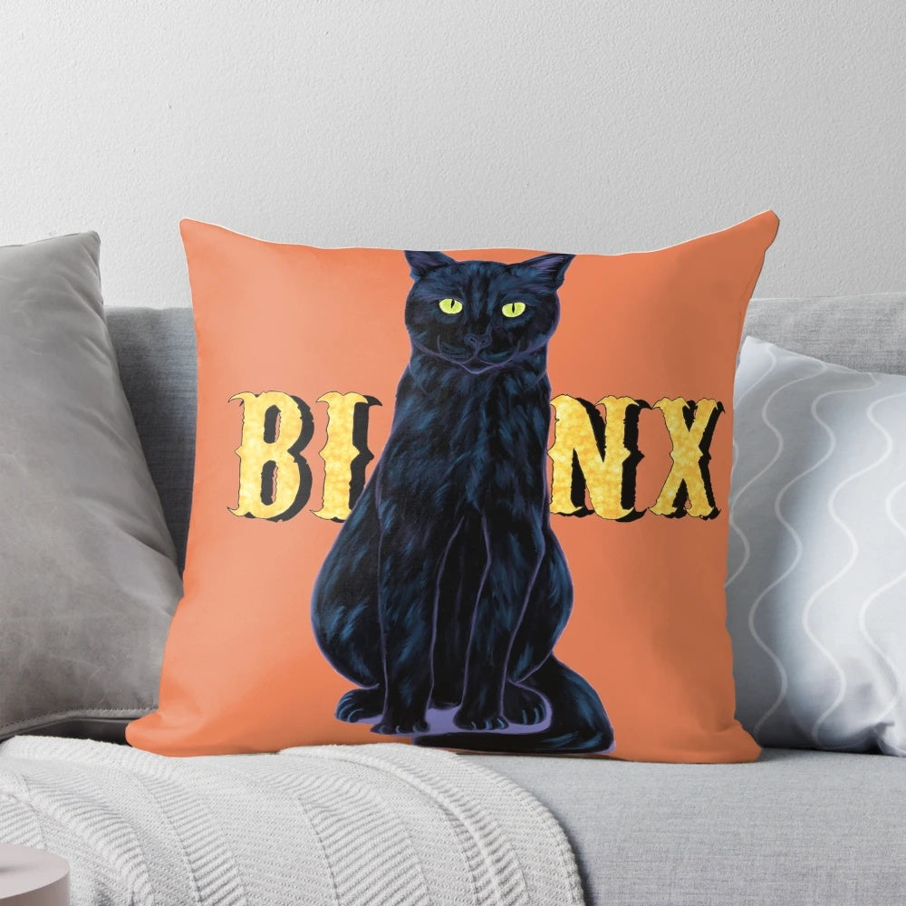 Black cat Binx Halloween pillow with a spooky, creepy design