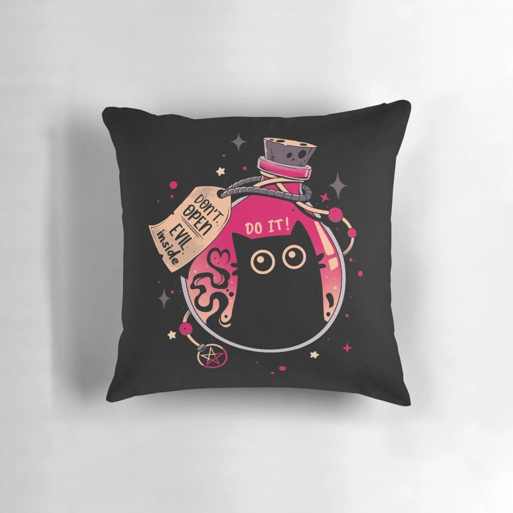 A plush black cat pillow with a mischievous, spooky expression, perfect for Halloween decor.