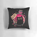 A plush black cat pillow with a mischievous, spooky expression, perfect for Halloween decor.