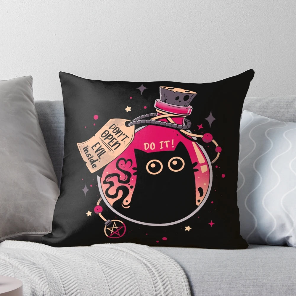 A plush black cat pillow with a mischievous, spooky expression, perfect for Halloween decor.