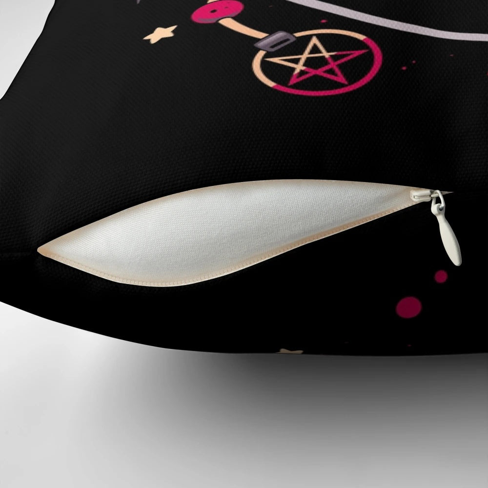 A plush black cat pillow with a mischievous, spooky expression, perfect for Halloween decor.