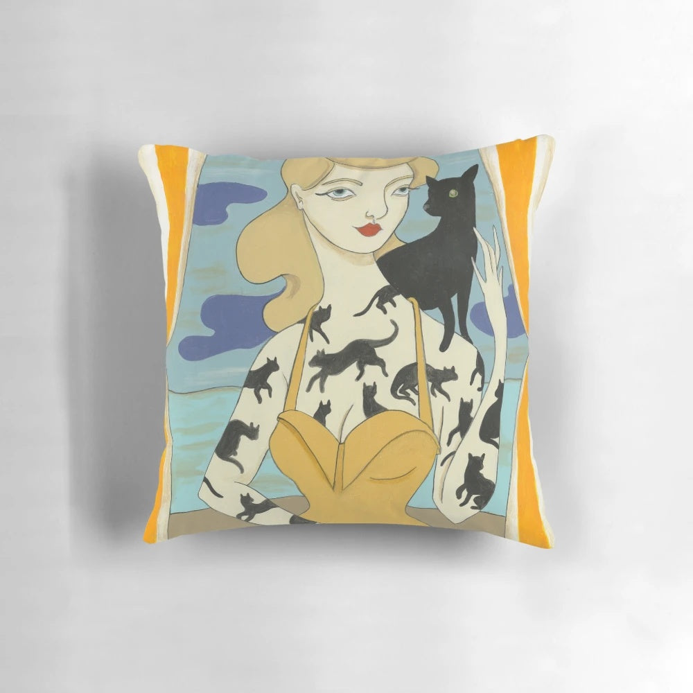Black cat with tattoos decorative throw pillow featuring a pinup style design