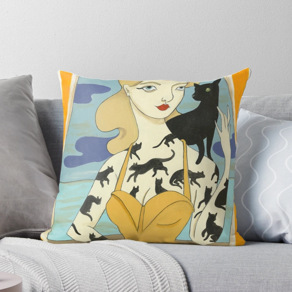 Black cat with tattoos decorative throw pillow featuring a pinup style design