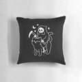 Decorative throw pillow featuring a black cat and grim reaper design in a spooky, horror-themed style.