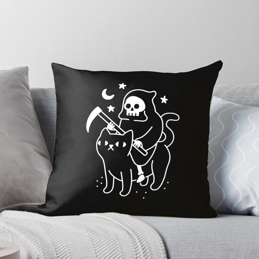 Decorative throw pillow featuring a black cat and grim reaper design in a spooky, horror-themed style.