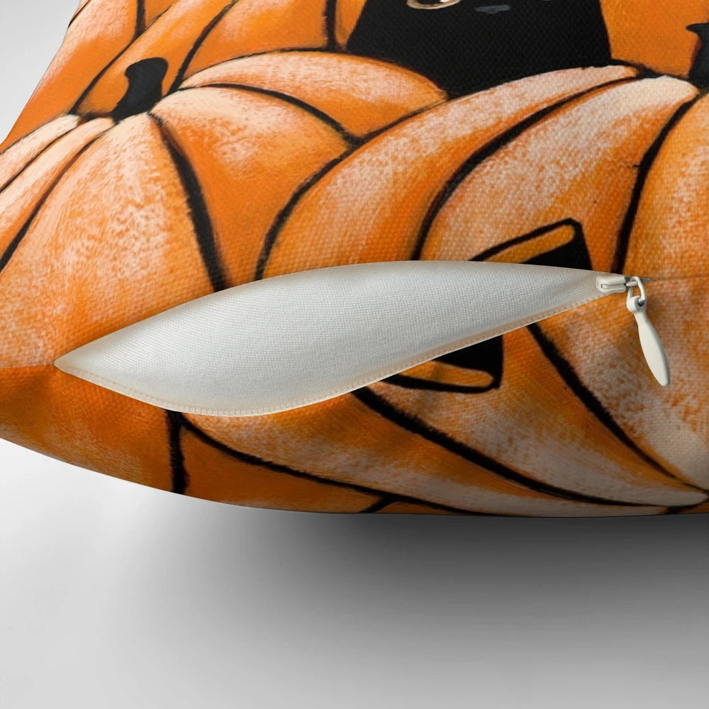 Black cats sitting among pumpkins in a pumpkin patch, halloween-themed decorative pillow