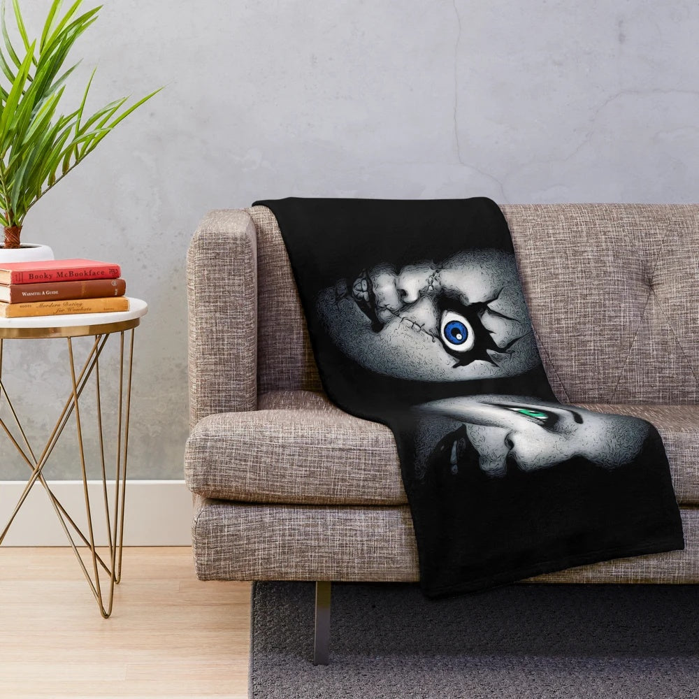 Bride of Chucky inspired plush blanket with Chucky doll design