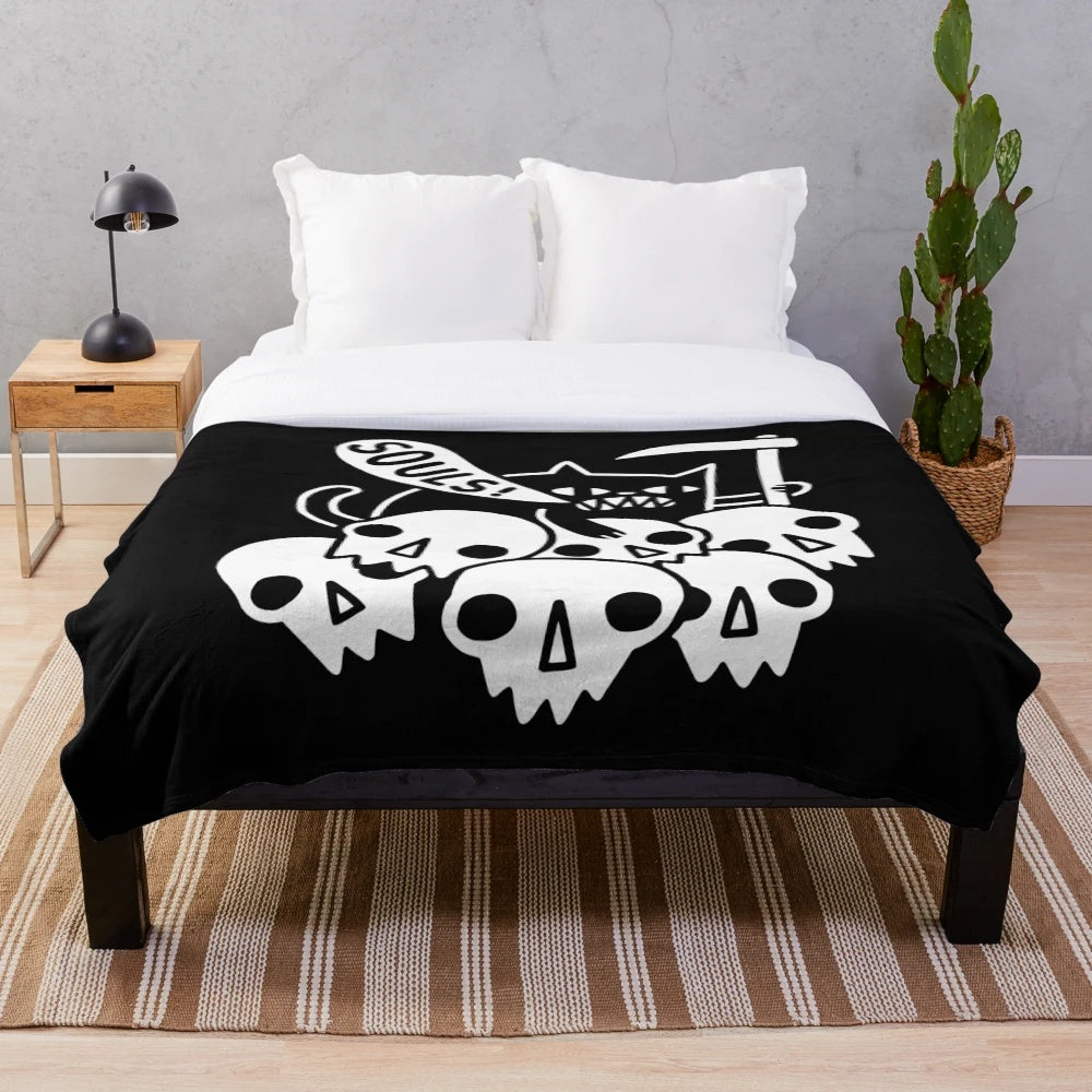 Spooky cat skeleton plush blanket with dark gothic design