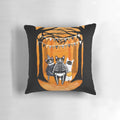 A cozy Halloween pillow featuring spooky cats, skeletons, ghosts, and a haunting forest scene.
