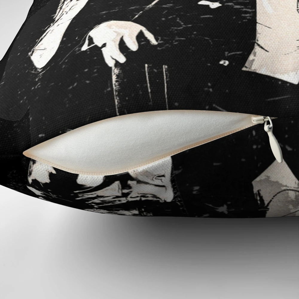 Decorative pillow featuring classic horror movie monsters like Dracula, Wolfman, and Frankenstein