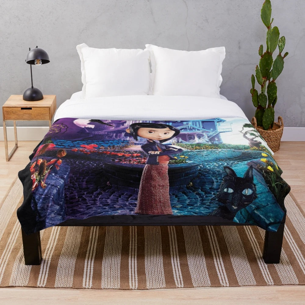 Coraline Jones inspired plush blanket with spooky and dark fantasy design