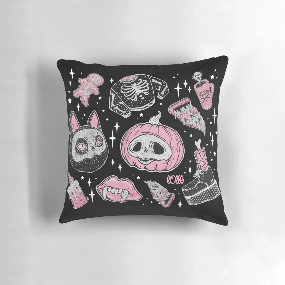 Spooky and creepy Halloween pillow with pumpkin and skeleton design
