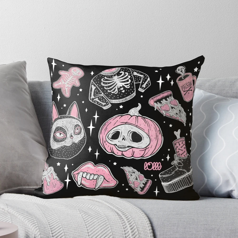 Spooky and creepy Halloween pillow with pumpkin and skeleton design