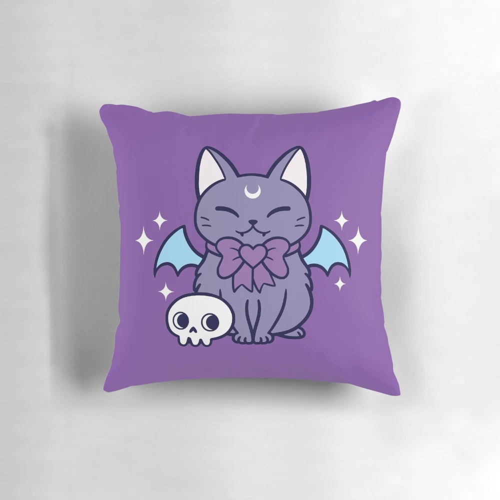 Soft, plush pillow featuring a black bat kitten with pastel purple wings and a cute, kawaii design.
