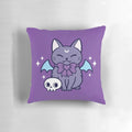 Soft, plush pillow featuring a black bat kitten with pastel purple wings and a cute, kawaii design.