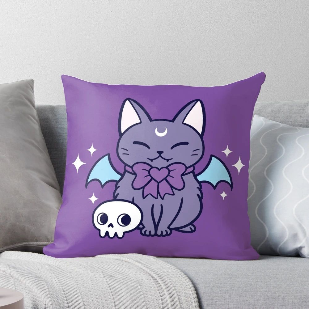 Soft, plush pillow featuring a black bat kitten with pastel purple wings and a cute, kawaii design.