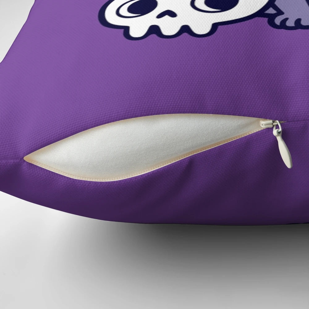 Soft, plush pillow featuring a black bat kitten with pastel purple wings and a cute, kawaii design.