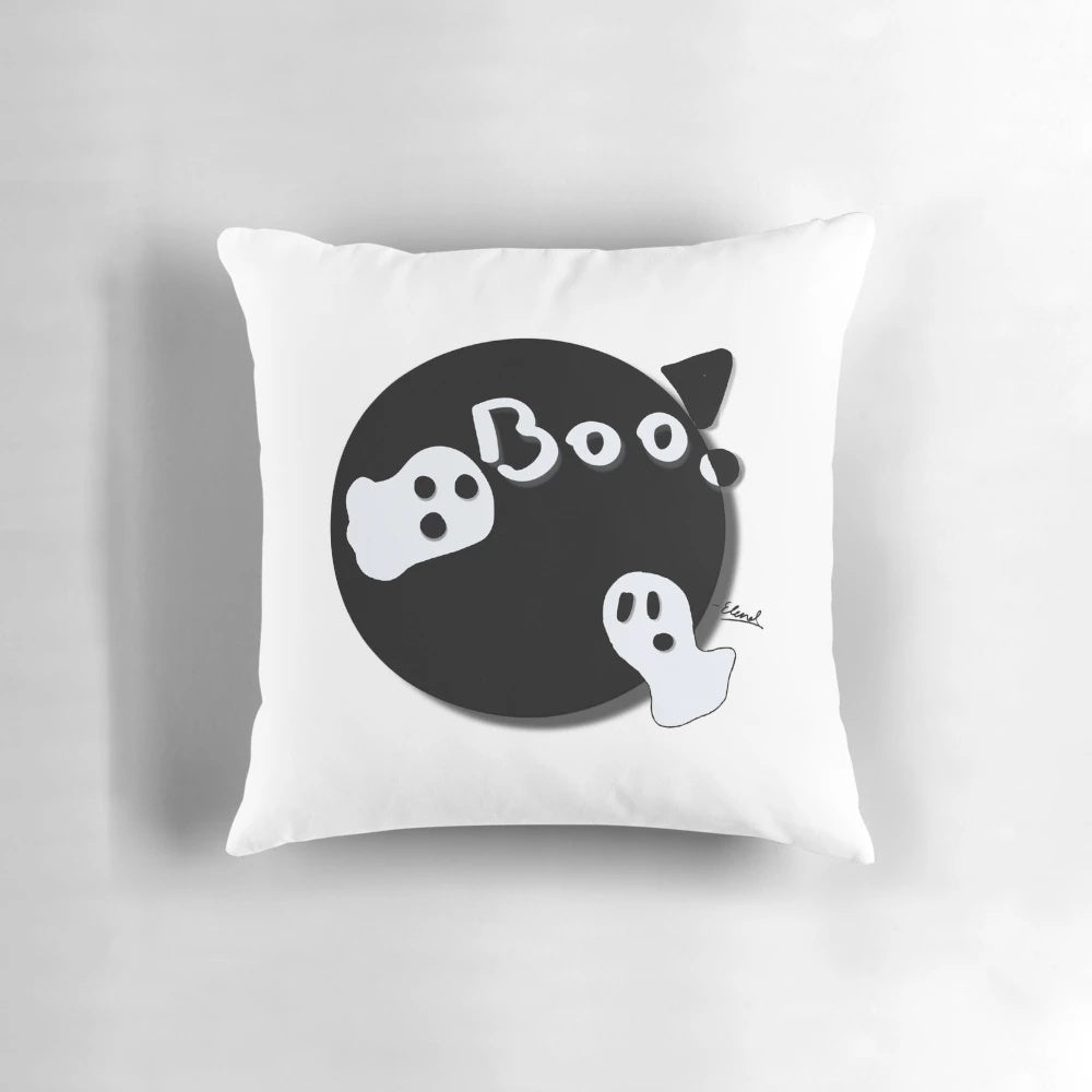 Adorable ghost-themed throw pillow with the word "Boo" embroidered on the front