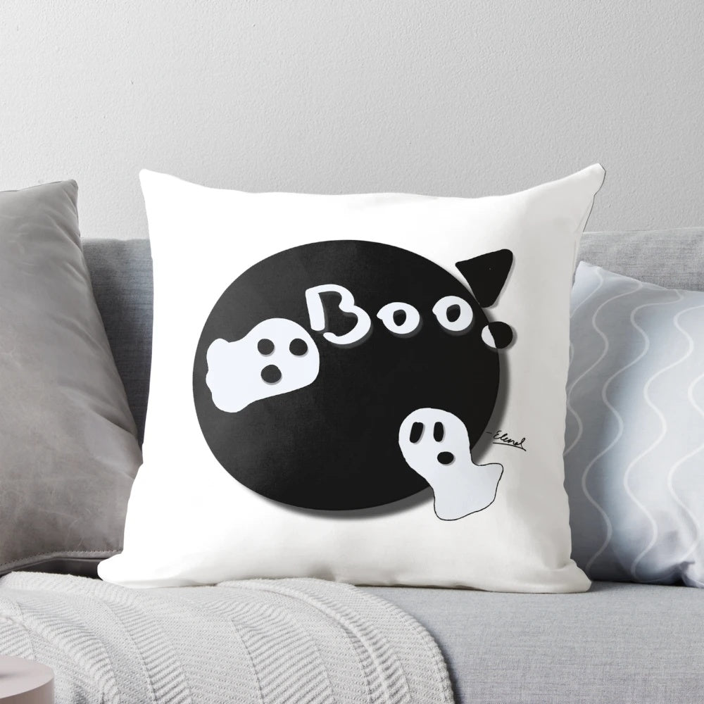 Adorable ghost-themed throw pillow with the word "Boo" embroidered on the front