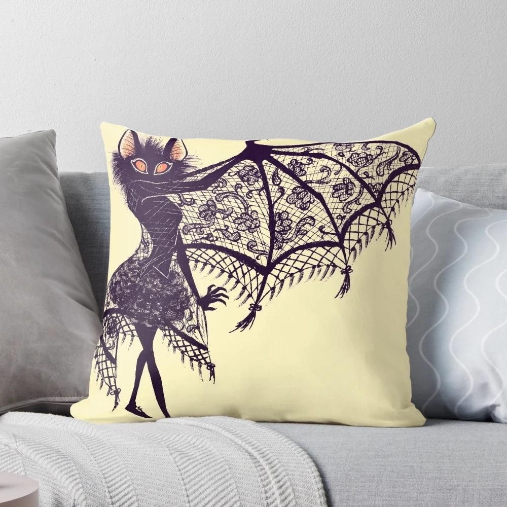 A soft, plush pillow featuring a spooky yet cute bat design in a pastel goth style, perfect for gothic or creepy cute home decor.