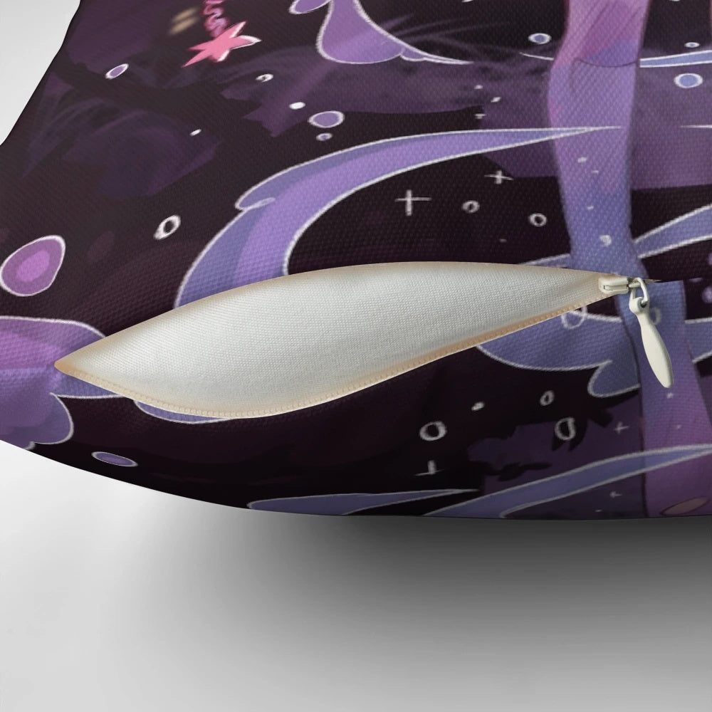 A decorative pink and black witch-themed pillow with a cute skull design, perfect for Halloween home décor.