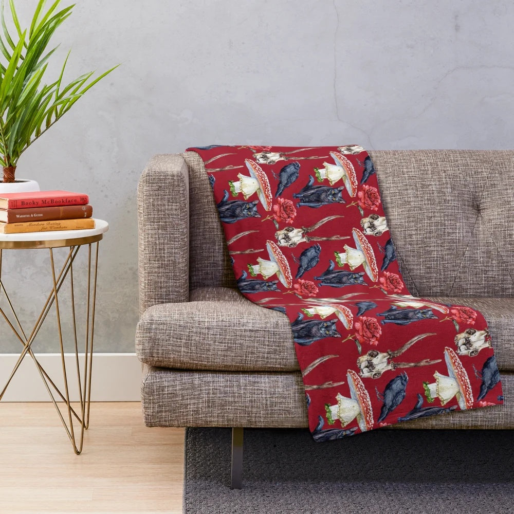 Spooky dark red watercolor pattern plush blanket with fall-inspired elements