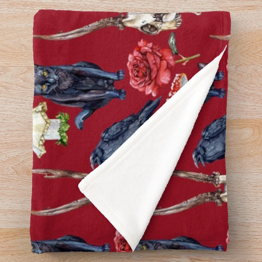 Spooky dark red watercolor pattern plush blanket with fall-inspired elements