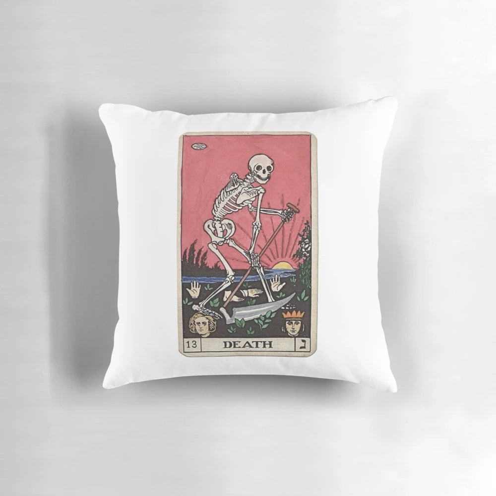 Vintage-style death tarot card pillow with skeleton and occult symbols