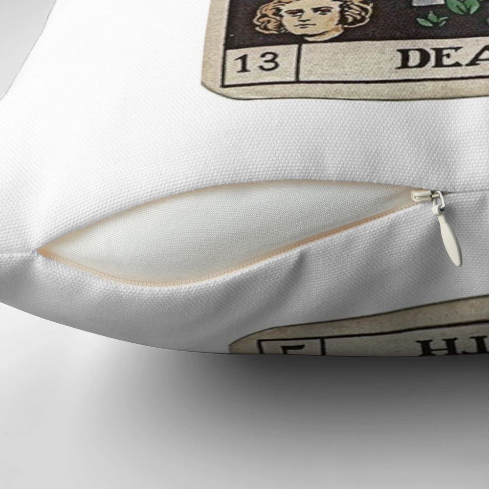 Vintage-style death tarot card pillow with skeleton and occult symbols
