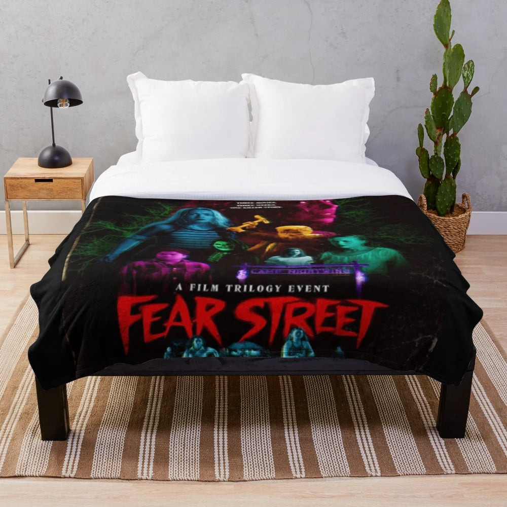 Fear Street Trilogy plush blanket featuring Shadyside and Sunnyvale themes