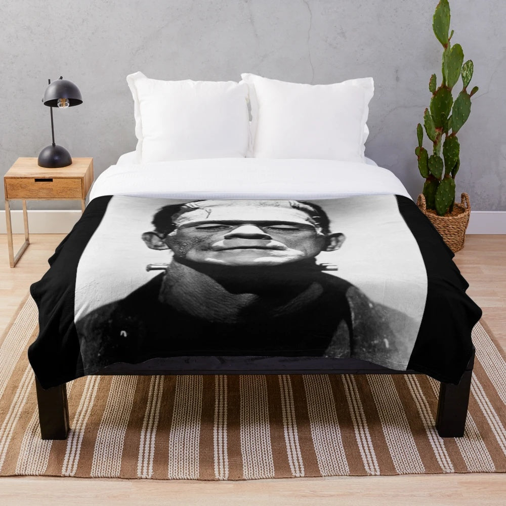 Classic Frankenstein monster plush blanket for horror, sci-fi, and gothic home decor