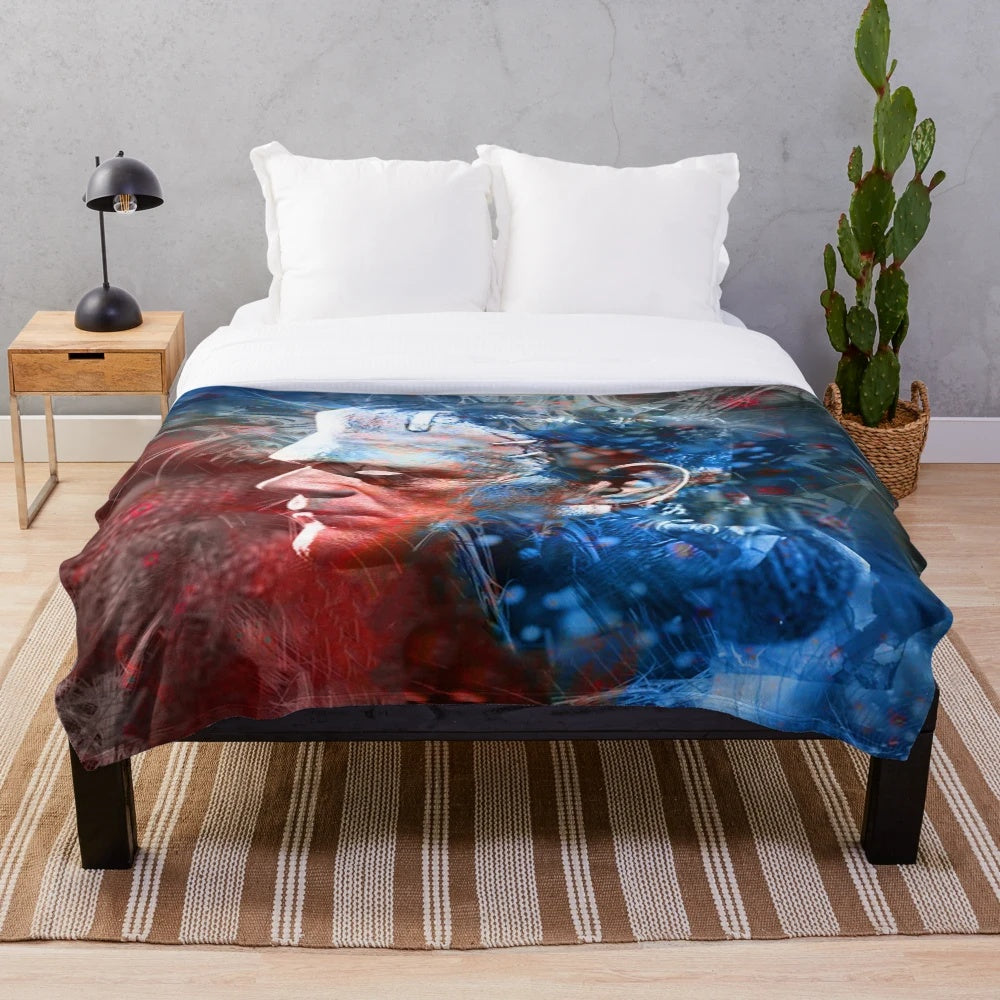 Frankenstein portrait plush blanket with colorful, macabre design