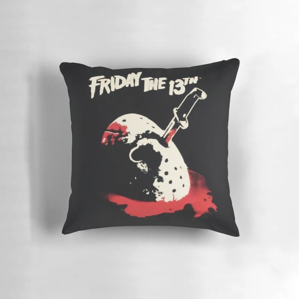 Friday the 13th themed pillow with a dark, ominous design