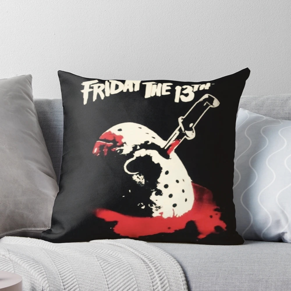 Friday the 13th themed pillow with a dark, ominous design